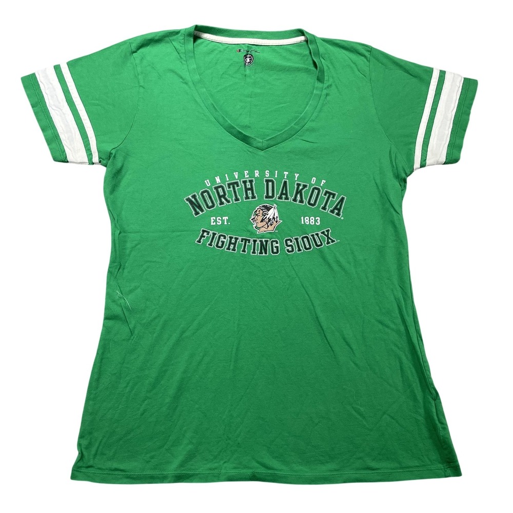North Dakota Fighting Sioux Shirt Womens Large Green NCAA Hockey Champion V Neck